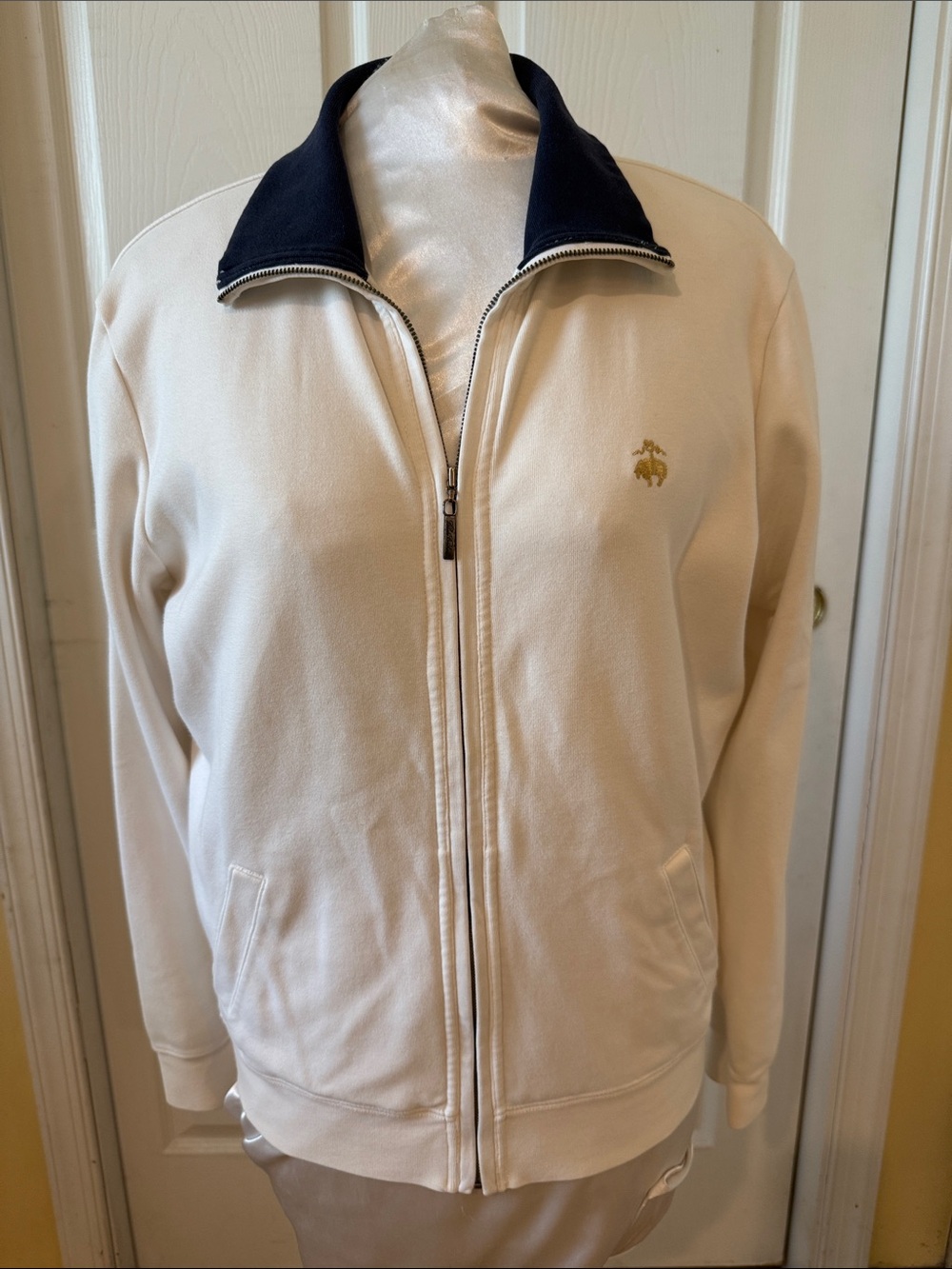 Brooks Brothers Cream Full Zip Track Style Tennis Jacket with Navy Collar - med